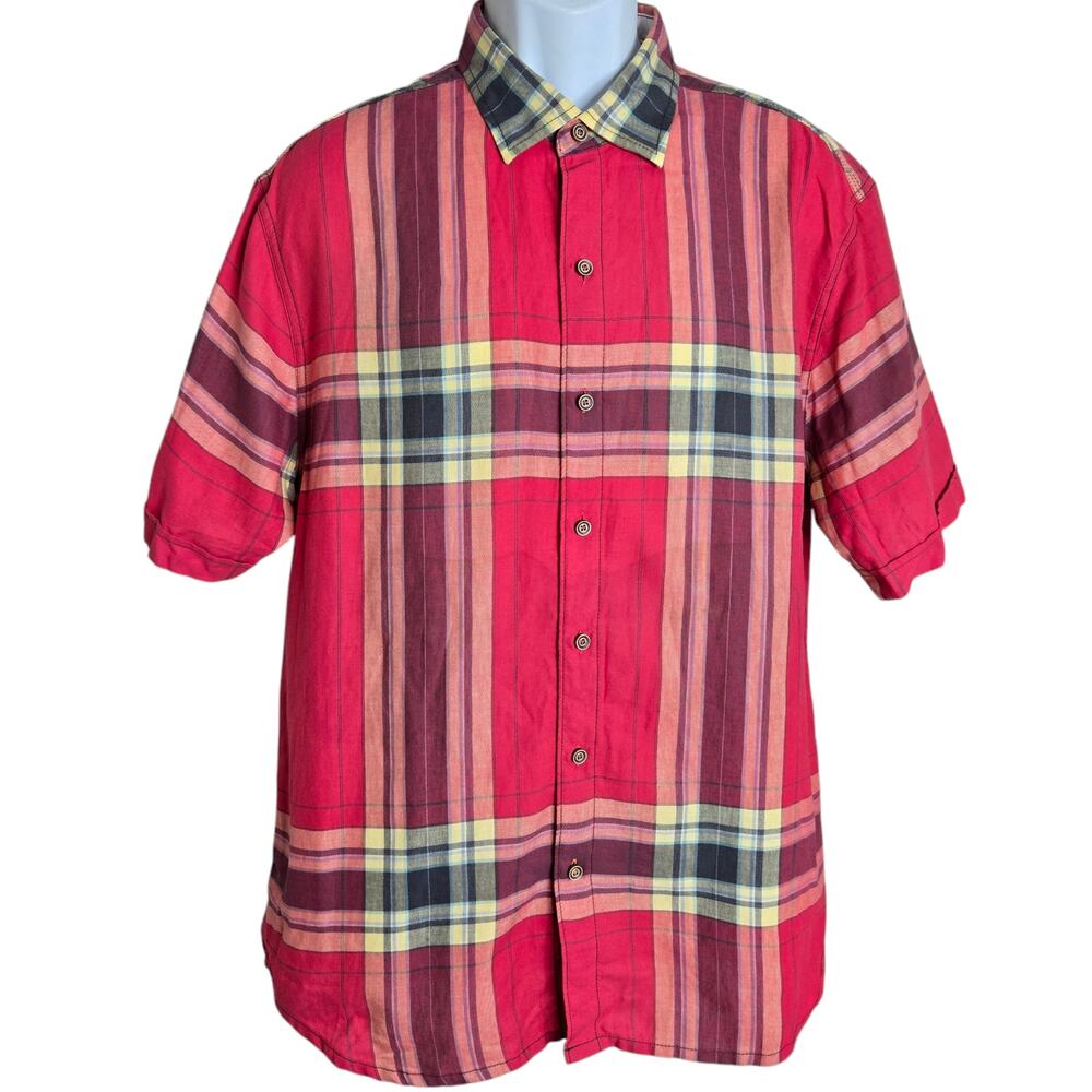 Tommy Bahama Relax Mens Plaid Shirt Large Cotton Linen‎ Blend Curved Hem
